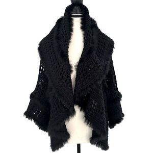 Venue Black Crochet Cardigan Rabbit Fur Trim Draped Collar Bell Sleeves NWT
